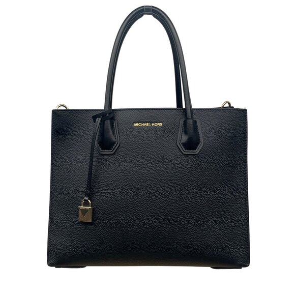 Michael Kors Black Pebbled Leather Satchel  With Gold Hardware & Charm Tote Bag - Picture 1 of 13